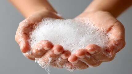 Fototapeta premium Hands holding thick white soap foam for hygiene.