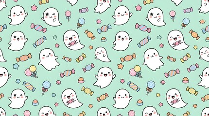 Seamless pattern with cute ghosts and colorful candy on a mint green background
