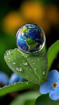 Tiny planet Earth reflected in a water droplet on a vibrant green leaf with dew and blue flowers