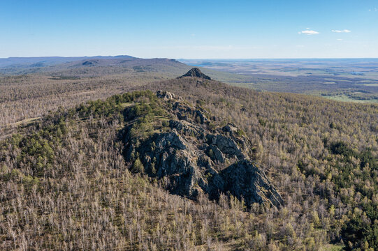 Southern Urals in spring: Yanguziai mountain of the Irendyk ridge. Aerial view.