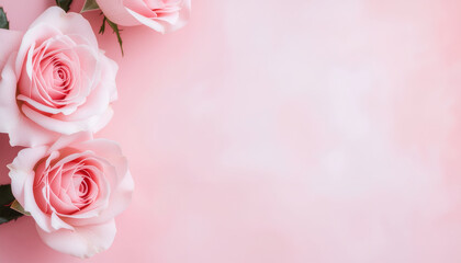 Fototapeta premium A delicate arrangement of soft pink roses rests gracefully against a pastel pink background, creating a serene and romantic visual.