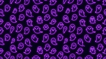 Fototapeta premium Seamless pattern with glowing neon purple ghosts on a dark background