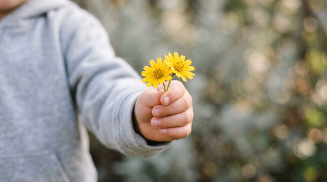 Side view detail of young child small hand holding pair of yellow wildflowers against blurred green garden background on bright sunny day.