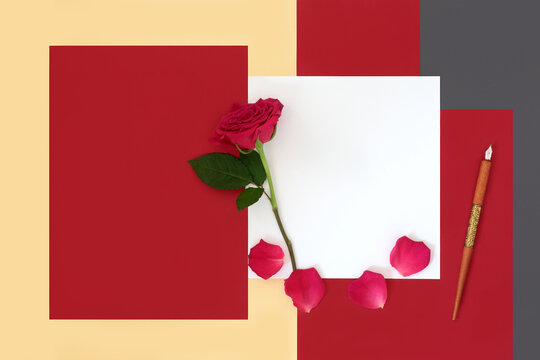 Romantic love letter, red rose flower, petals, old nib pen for Valentines Day on geometric background. Valentine design for handwritten note.