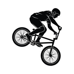 Obraz premium Cyclist performing tricks on small bicycle in mid air black and white graphic silhouette