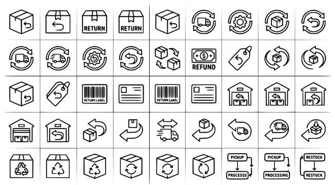 Professional logistics and supply chain return process line icons for e-commerce website interface and shipping management systems in a clean minimalist vector graphic style
