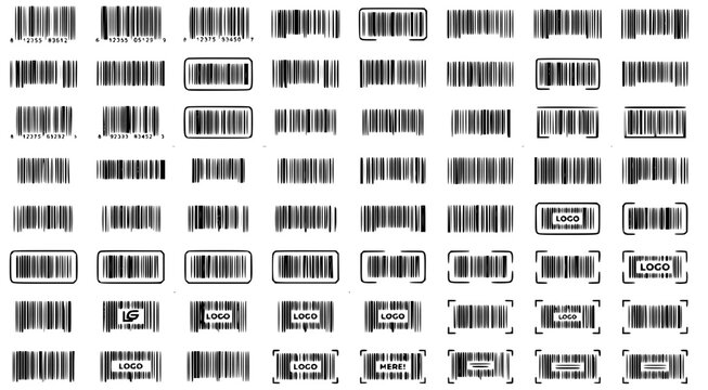 Extensive library of various barcode symbols and product scanning codes for retail and inventory systems in a professional black and white vector illustration set on white