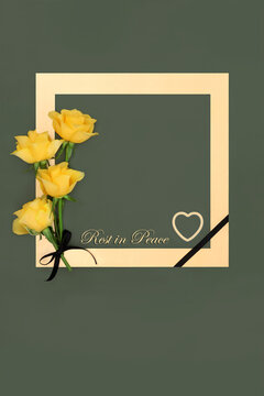 Yellow rose flower memorial tribute commemoration, rest in peace funeral card on green background gold frame border and heart, text.