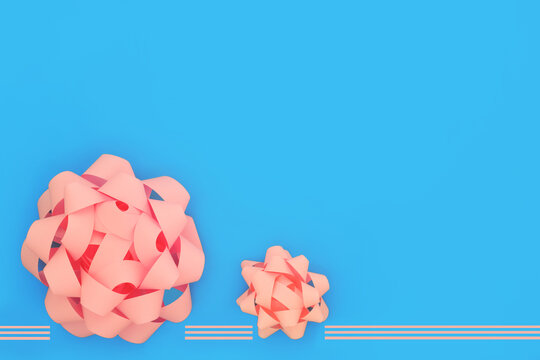 Pink bow decorations for birthday, anniversary baby birth gift box, greeting card on blue background. Copy space. Giving celebration concept.
