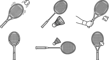 Tennis and badminton sport racket hitting ball and shuttlecock active recreation game outline vector icons set © Imran