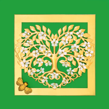 Gold heart tree shape, cherry blossom, bee ornament, square border on green background. Nature symbols with environmental conservation concept.