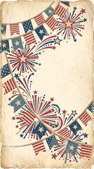 Fototapeta premium Patriotic 4th of July background, American flag bunting, vintage fireworks border, Independence Day decoration, red white blue celebration