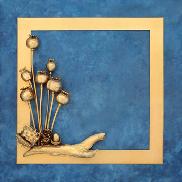 Golden nature objects background frame on mottled blue. Luxury theme zen decoration design concept for greeting card.  