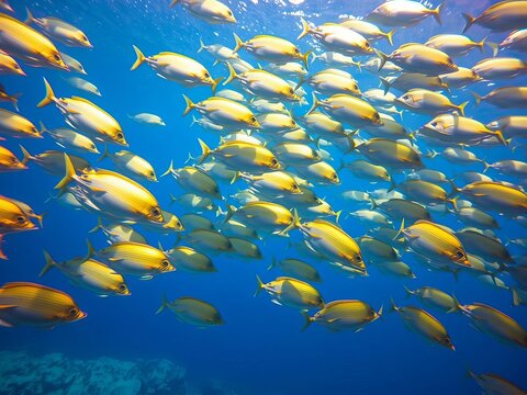 Large school of fish swimming together in scad jamb formation under blue water, scad jamb, ecosystem