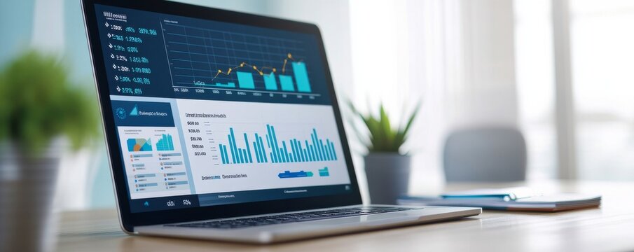Image A close-up, low-angle shot of a laptop displaying complex data charts (bar graphs, line graphs, percentage stats). Environment A clean, modern officehome office setting. Soft,