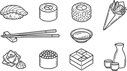 Traditional Japanese cuisine sushi rolls sashimi bento box sake wine and chopsticks outline vector icons set © Imran