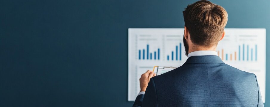 Image content A man in a blue suit, seen from behind. He is looking at a white chartboard with bar graphs. He is holding a pointerpen pointing at the data. The background is a dark