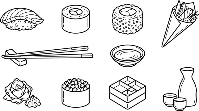 Traditional Japanese cuisine sushi rolls sashimi bento box sake wine and chopsticks outline vector icons set