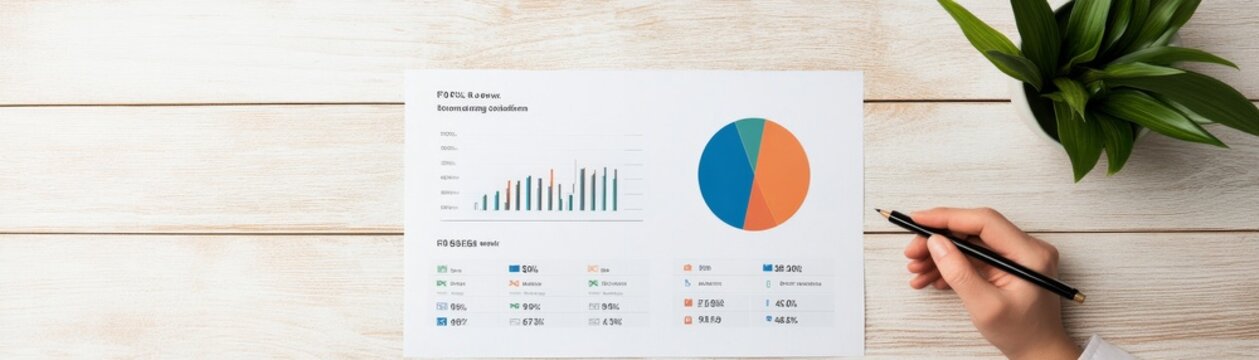 Image details Top-down view (flat lay), white wooden table, a sheet of paper with various charts (bar chart, pie chart, data tables), a hand holding a black pen and a green plant in a