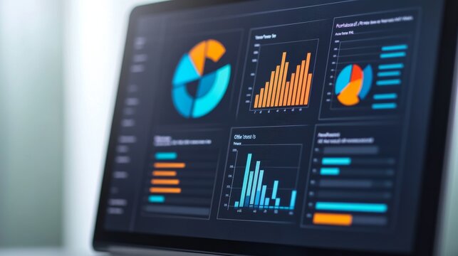 Input An image of a computer screen displaying various data visualizations (pie charts, bar charts, line graphs) in a dark mode dashboard style. Requirements 1. Include composition