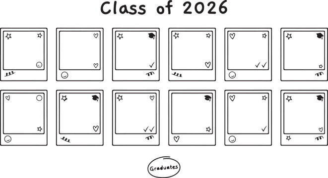 Class of 2026 yearbook photo frames doodles and graphic elements for graduation celebration.