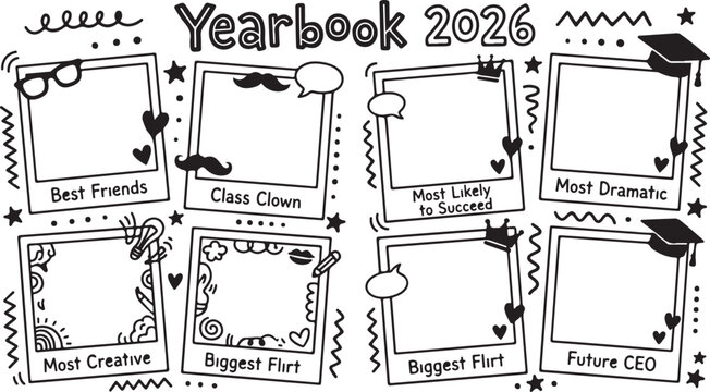 Class of 2026 yearbook funny award frames doodle collection for graduation awards and superlatives.