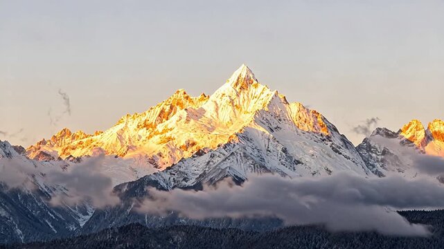 Snowcapped mountain peak at sunrise