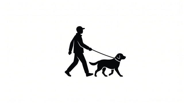 Dog walker silhouette depicts a person walking a canine companion on a leash against a clean background.