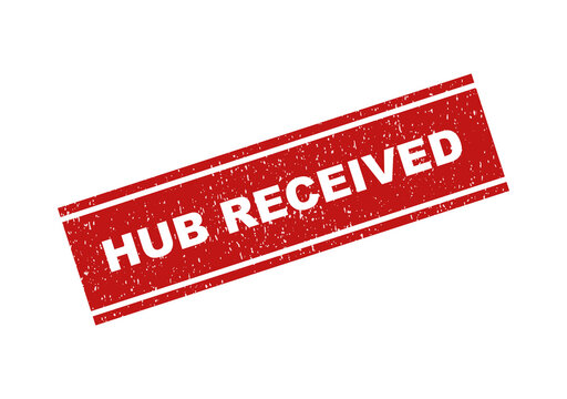 Red rectangular rubber stamp with the text hub received in grunge style