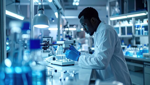 African American scientist calibrating complex laboratory equipment during scientific research