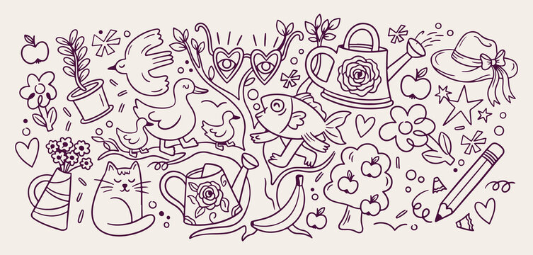 hand drawn garden lifestyle pattern, cozy outdoor sketch background, backyard activity icons, nature hobby motif, gardening plants illustration, spring garden design, outdoor leisure texture, home gar