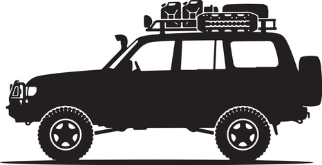 Black SUV silhouette, 4x4 vehicle icon, car with luggage rack, off-road transport © Graphic Boss