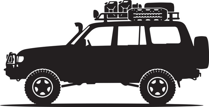 Black SUV silhouette, 4x4 vehicle icon, car with luggage rack, off-road transport