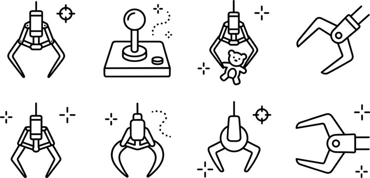 Arcade claw machine grabber mechanism joystick prize catcher mechanical robotic arm outline vector icons set