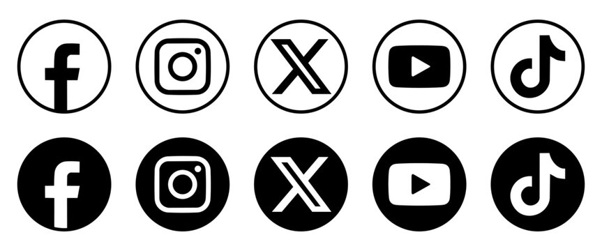 Popular social media circular logo icons. Vector flat black and white outline and solid symbols of Facebook, Instagram, X, YouTube, and TikTok.