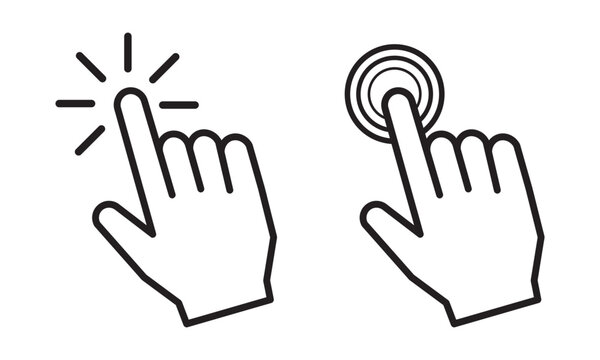 Hand cursor clicking and tapping linear icons. Vector outline symbols of index finger touch-screen gestures.