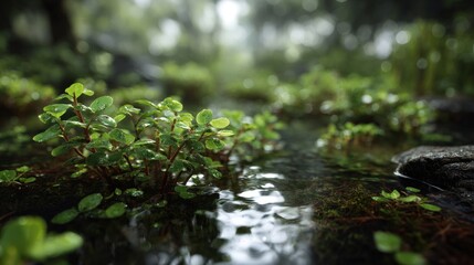 Fototapeta premium Lush green foliage with water drops in a tranquil forest