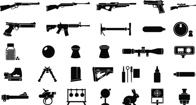 Air gun and shooting target icons for precision sports gear ammunition sights and training accessories