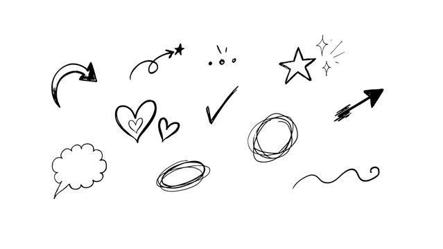 Collection of hand drawn doodle elements including arrows stars hearts speech bubbles circles and checkmarks in sketch.