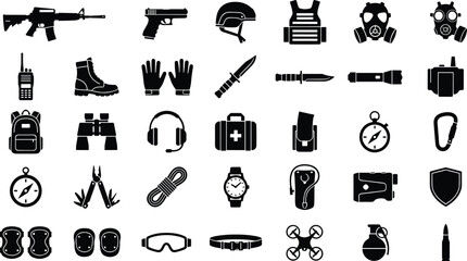 Military tactical gear and survival equipment icons featuring weapons and safety protective uniform © Fensi