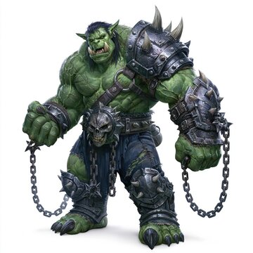large orc warrior is shown in a fantasy world. He wears heavy armor and has chains attached. orc is prepared for combat, showcasing strength and power