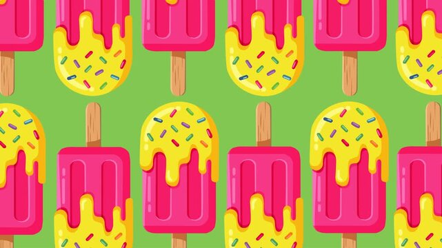 Bright seamless pattern featuring colorful melting popsicles with yellow icing and rainbow sprinkles on a green background. Perfect for summer promotions, dessert themes, food branding