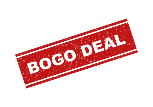 Red rubber stamp with bogo deal text for shopping and retail sales