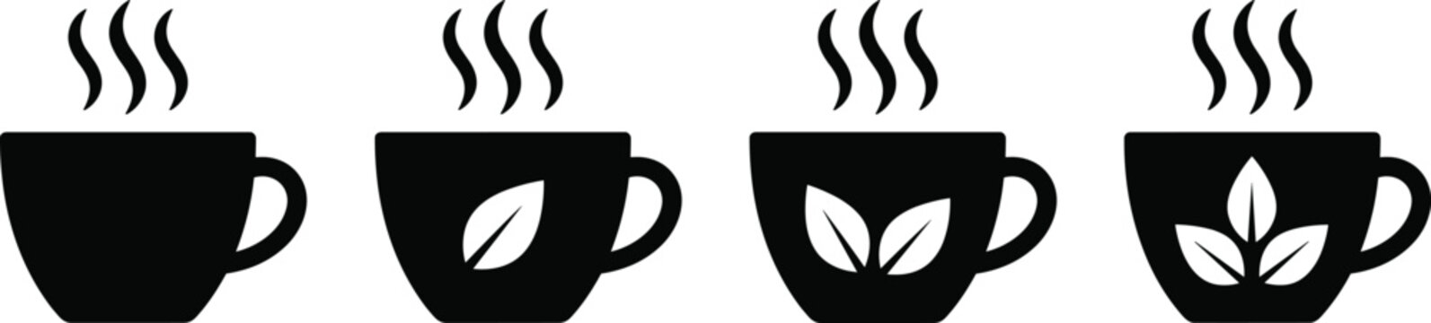 Hot tea cup icon set with steam and green leaf details black silhouettes isolated on white background
