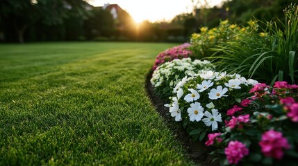 Fototapeta premium Manicured backyard lawn with colorful flower border and lush residential garden at sunset
