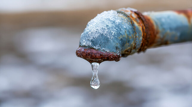 Frozen rusty water pipe with dripping icicle during winter freeze and plumbing failure