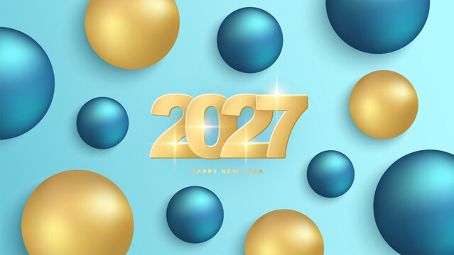 2027 New Year Holiday Background with gold and blue colored Christmas Balls. 2027 New Year Number. Vector illustration.