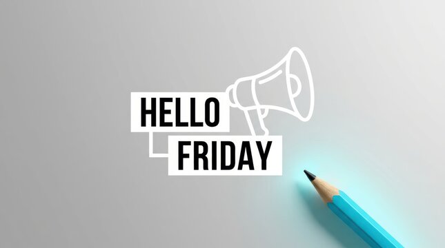 Hello friday text next to megaphone and pencil on clean light gray background weekend anticipation.