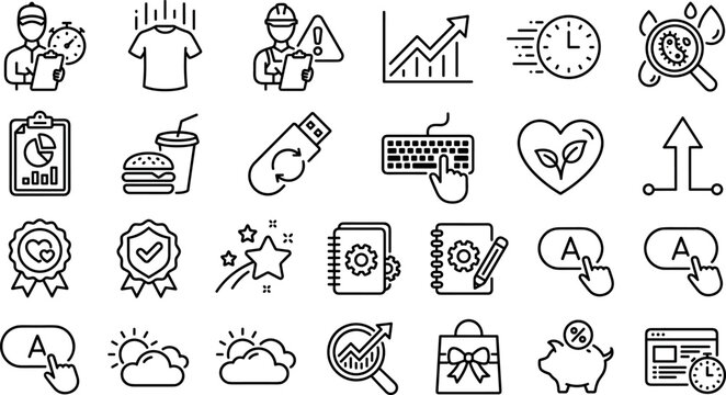 Business logistics technology data analytics marketing finance and general management outline vector icons set