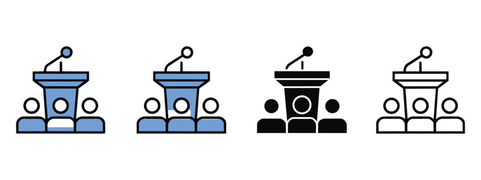 Podium speaker at tribune icons set with audience on transparent background. public address equipment, meeting presentation, conference event.